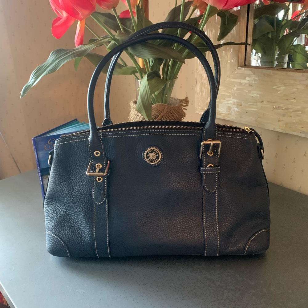 Dooney and Bourke, LARGE leather satchel, NAVY BLUE. 2 handles with a 7.5 drop.